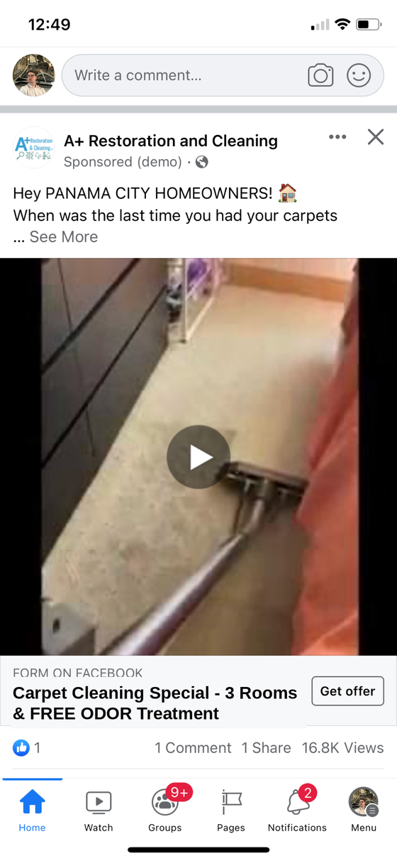 Real carpet-cleaning Facebook ad run by InMotion DMA